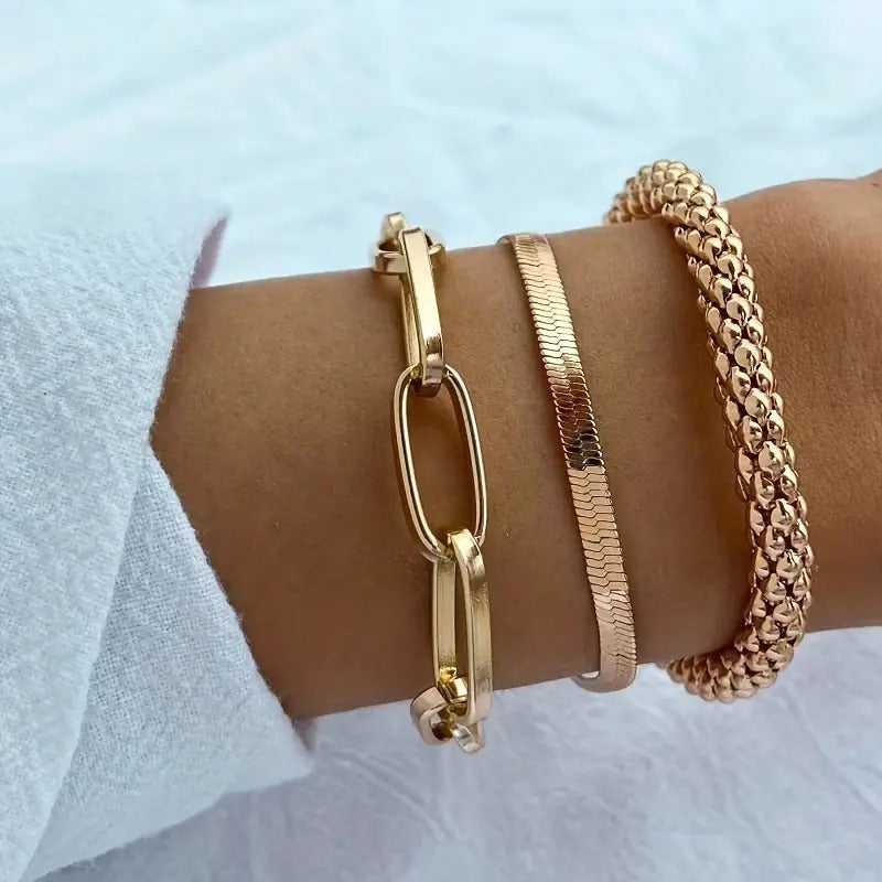 Set 3 Vintage Damenarmbänder Mehrlagig Gold mit Schlangenkette — Zahlen Sie 2, Erhalten Sie 3