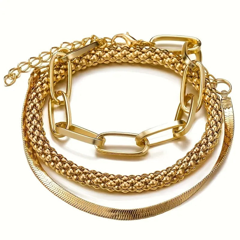 Set 3 Vintage Damenarmbänder Mehrlagig Gold mit Schlangenkette — Zahlen Sie 2, Erhalten Sie 3