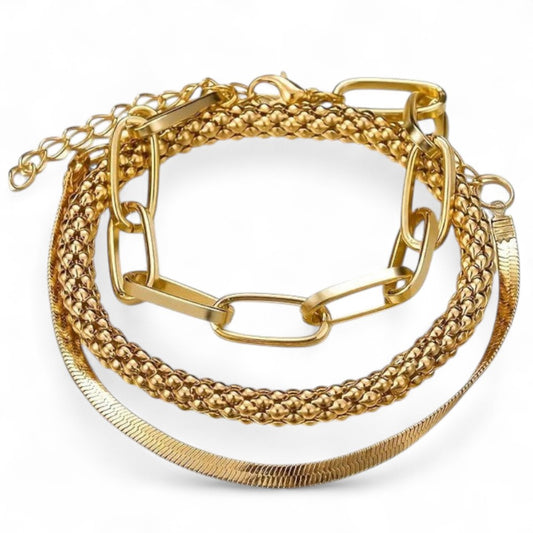Set 3 Vintage Damenarmbänder Mehrlagig Gold mit Schlangenkette — Zahlen Sie 2, Erhalten Sie 3