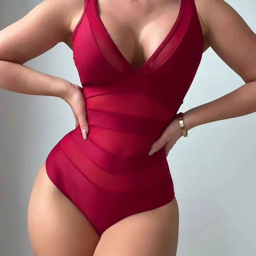 AquaLuxe Damen Badeanzug One Piece Mesh V-Ausschnitt Bauchkontrolle