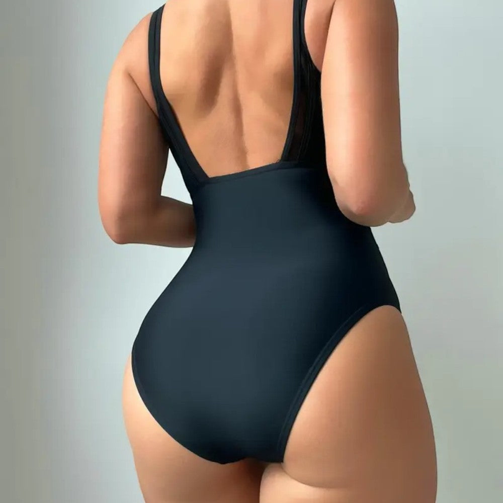 AquaLuxe Damen Badeanzug One Piece Mesh V-Ausschnitt Bauchkontrolle