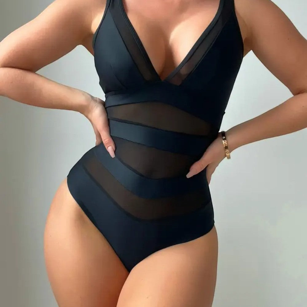 AquaLuxe Damen Badeanzug One Piece Mesh V-Ausschnitt Bauchkontrolle