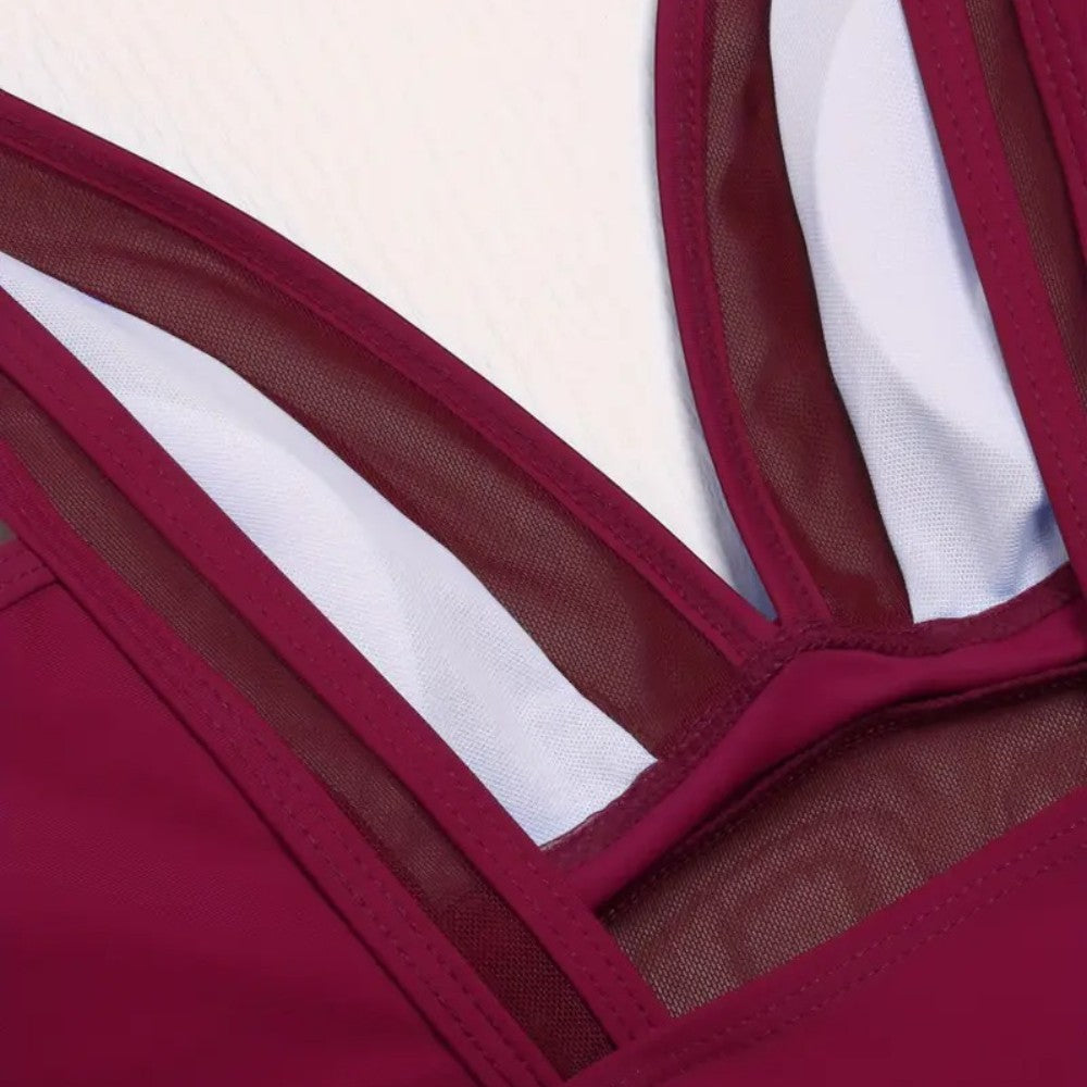 AquaLuxe Damen Badeanzug One Piece Mesh V-Ausschnitt Bauchkontrolle