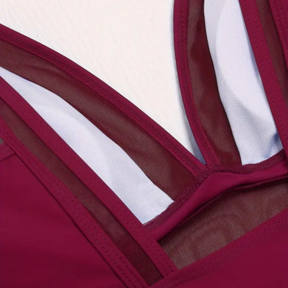 AquaLuxe Damen Badeanzug One Piece Mesh V-Ausschnitt Bauchkontrolle