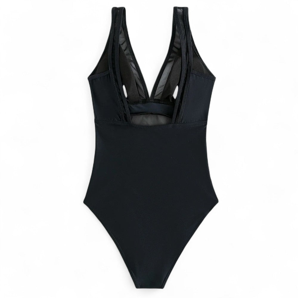 AquaLuxe Damen Badeanzug One Piece Mesh V-Ausschnitt Bauchkontrolle