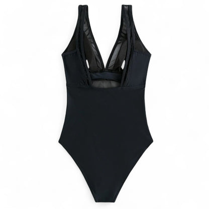 AquaLuxe Damen Badeanzug One Piece Mesh V-Ausschnitt Bauchkontrolle