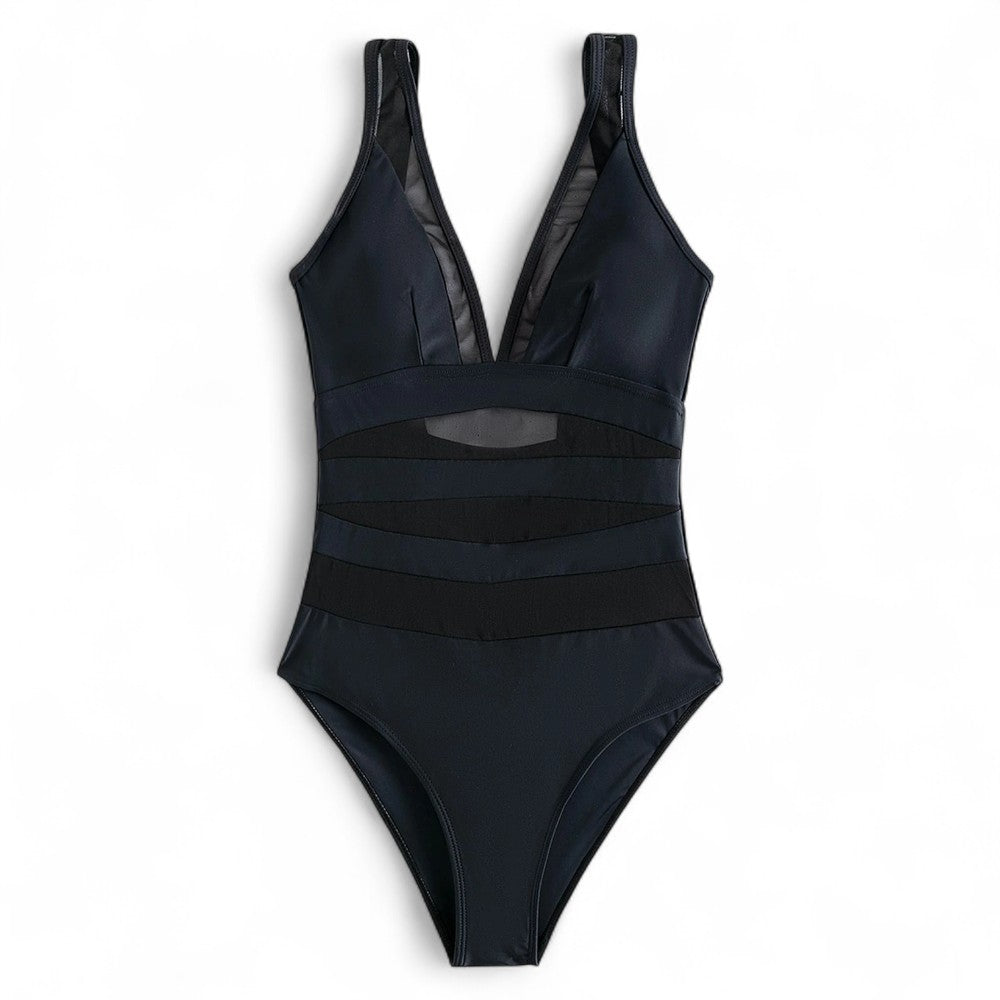 AquaLuxe Damen Badeanzug One Piece Mesh V-Ausschnitt Bauchkontrolle