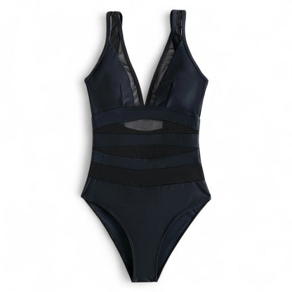 AquaLuxe Damen Badeanzug One Piece Mesh V-Ausschnitt Bauchkontrolle