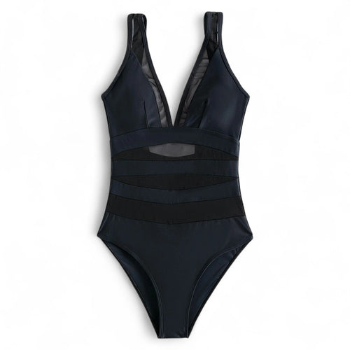 AquaLuxe Damen Badeanzug One Piece Mesh V-Ausschnitt Bauchkontrolle