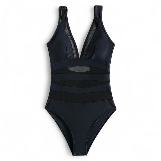 AquaLuxe Damen Badeanzug One Piece Mesh V-Ausschnitt Bauchkontrolle